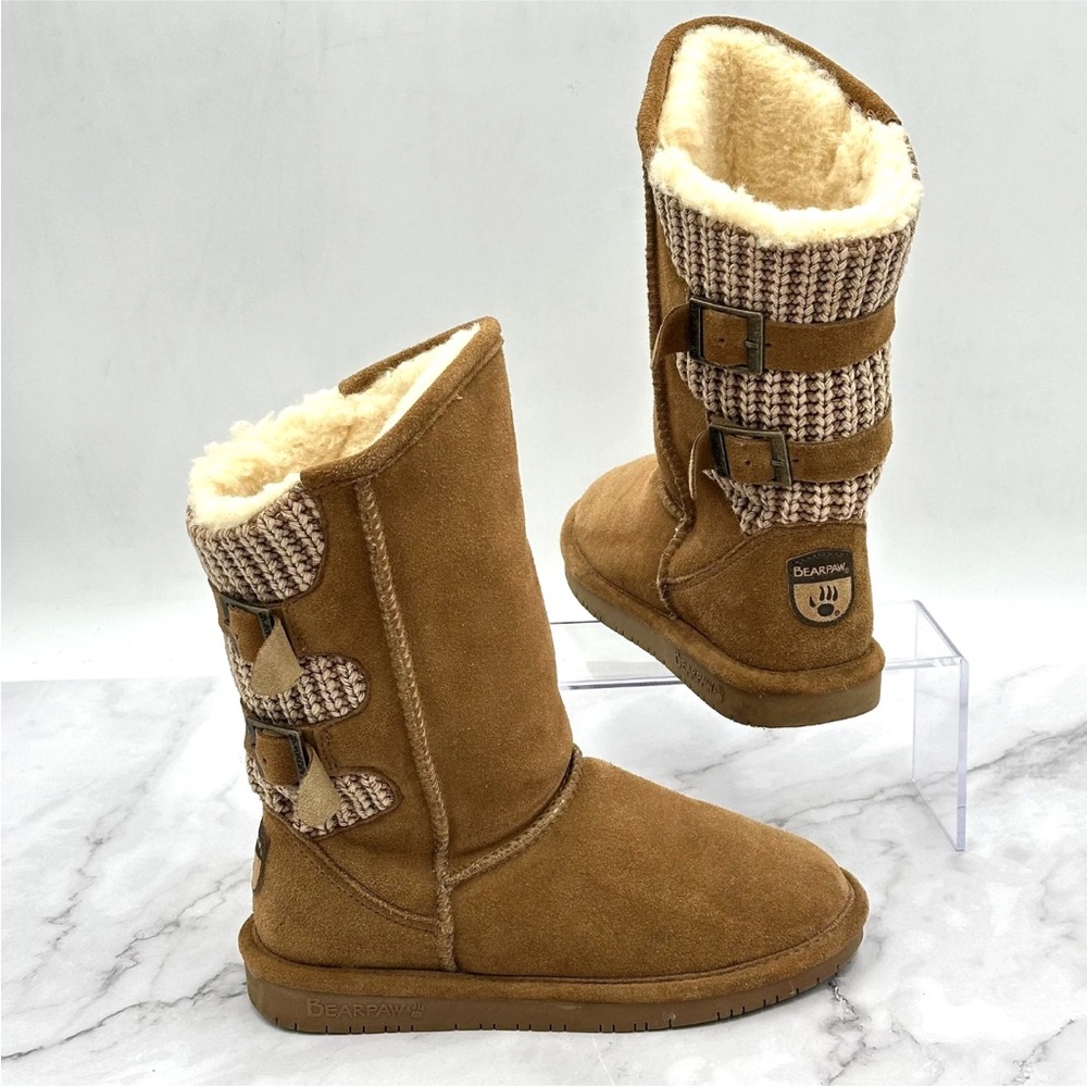 Bearpaw Boots Womens Size 6.5 Boshie Suede Knit Faux Fur Winter